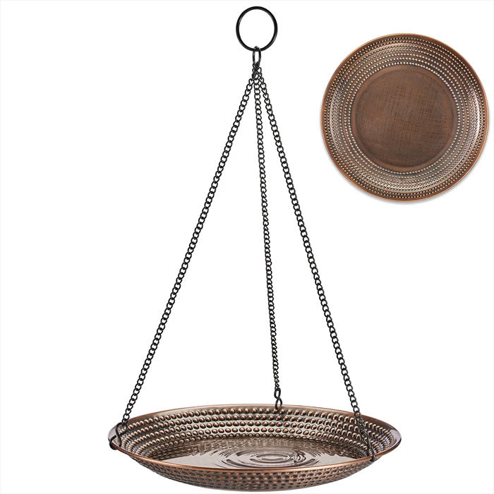 Hanging Copper Bird Bath with chain, artisan-hammered pure copper bowl, 13.5 inches in diameter, shallow basin with ridges for bird perching.