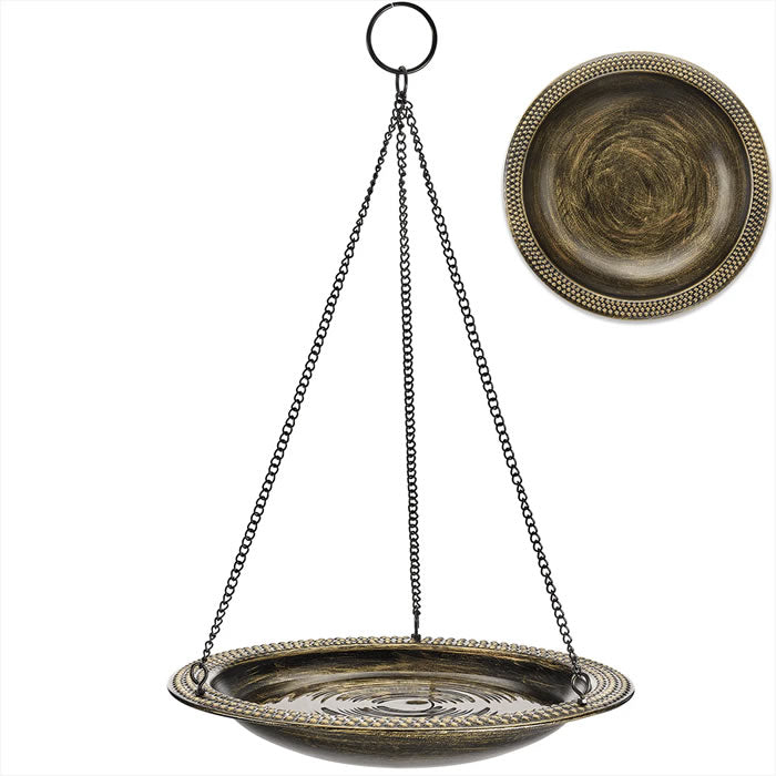 Hanging Aged Brass Bird Bath with an artisan-hammered 13.5 pure copper bowl, shallow basin, decorative lip, and durable chain for birds to perch and drink.