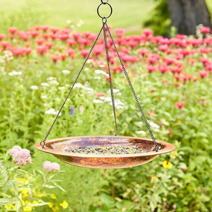 Bronze bird bath with chain against a garden background with flowers