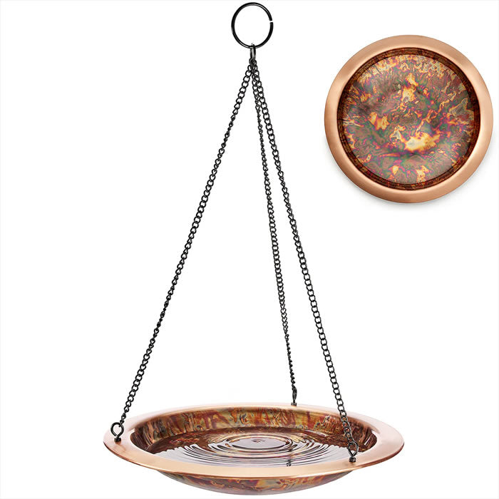 Hanging Fired Copper Bird Bath with an artisan-hammered 13.5 bowl, shallow basin, ridges, and durable chain for perching birds.