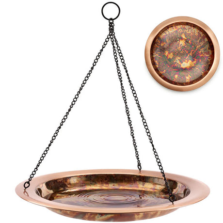 Fired Copper Hanging Bird Bath with artisan-hammered 18 copper bowl, shallow basin, decorative lip, and durable hanging chain with loop.