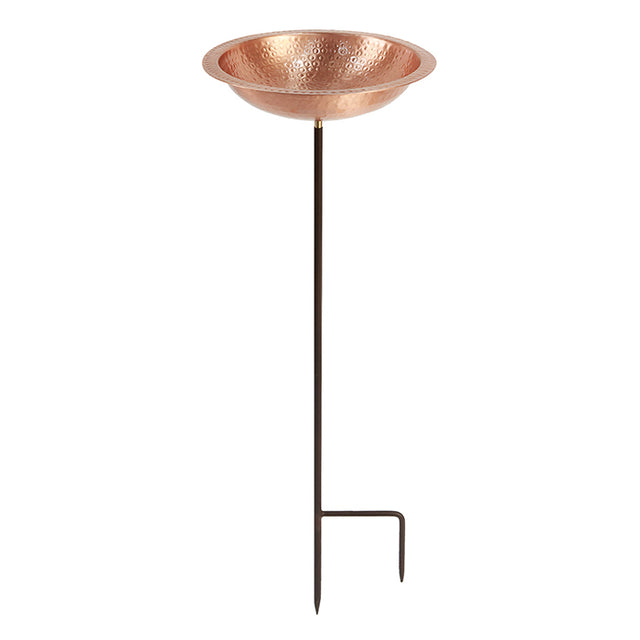 Hammered Solid Copper Staked Bird Bath with a 2-3/4 inch deep basin on a wrought iron stand for attracting birds to your garden.