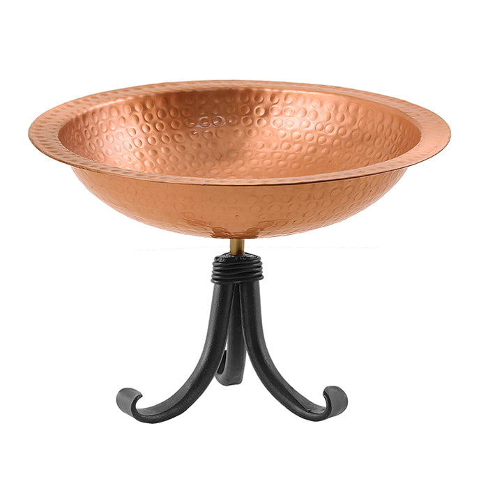 Hammered Solid Copper Bird Bath with Tripod Stand, featuring a textured surface, 2-3/4 inch deep basin, and sturdy wrought iron stand for indoor or outdoor use.