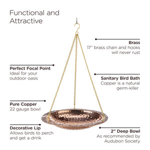 Pure Copper Hanging Bird Bath with decorative lip and textured base, suspended from brass chains and hooks, ideal for outdoor bird-watching and easy maintenance.