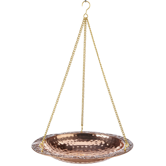 Pure Copper Hanging Bird Bath with a hammered texture, featuring a decorative lip and durable brass chains, ideal for outdoor bird watching and bathing.