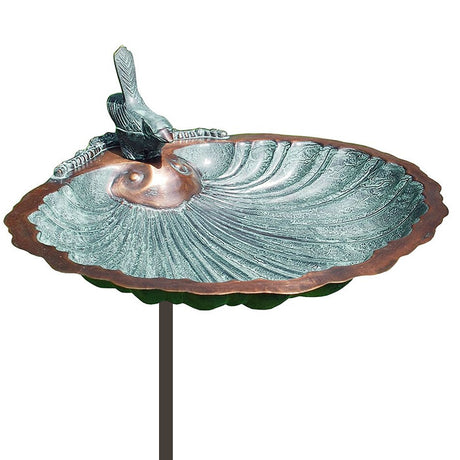 Scallop Shell Bird Bath with Stake featuring a verdigris sheen, embossed basin, and a decorative songbird on top, easy to set up in your garden.