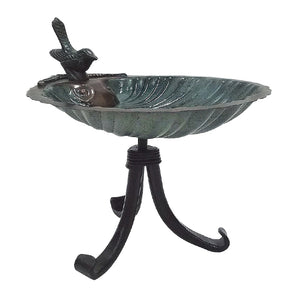 Scallop Shell Bird Bath with Tripod Stand featuring a decorative brass basin on a wrought iron stand, ideal for bird watching and easy to place on any flat surface.