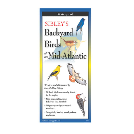 Close-up of Sibley’s Backyard Birds of the Mid-Atlantic, a portable, laminated bird ID guide with detailed illustrations for identifying 78 bird species.