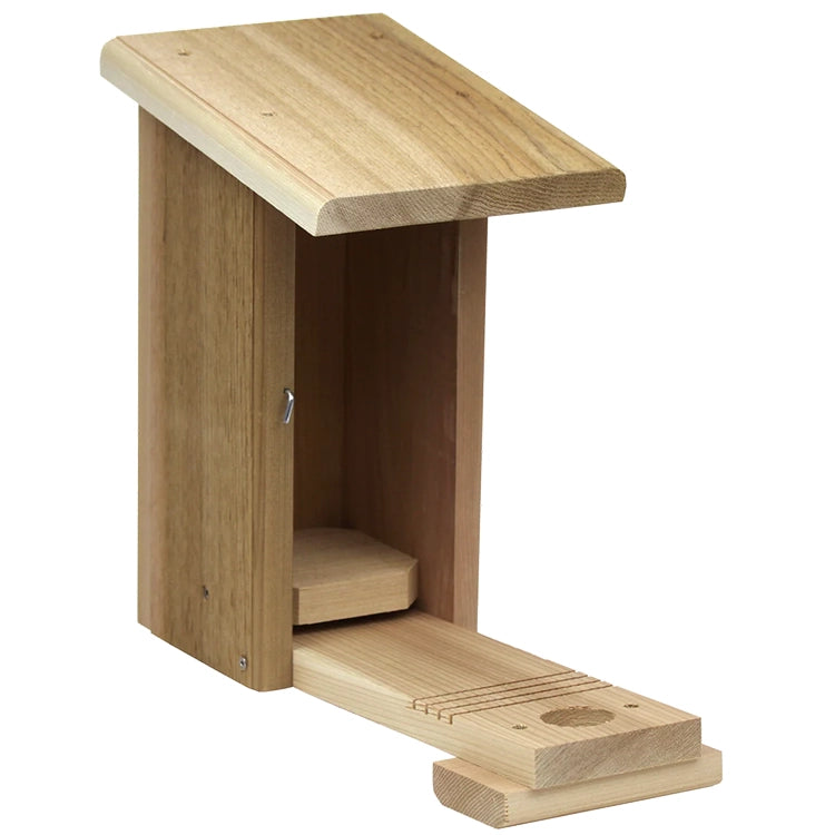 Easy-access bluebird house with front-opening panel for nest monitoring and seasonal cleaning.