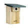 A Kettle Moilane wooden bird box with a natural light wood body, a dark green roof, and a metal entry hole, shown on a plain white background.