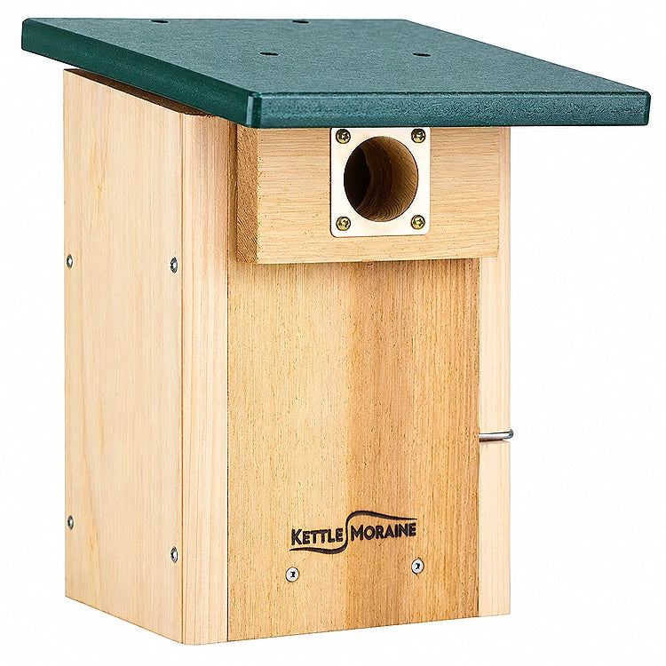 A Kettle Moraine wooden bird box with a natural light wood body, a dark green roof, and a metal entry hole, shown on a plain white background.