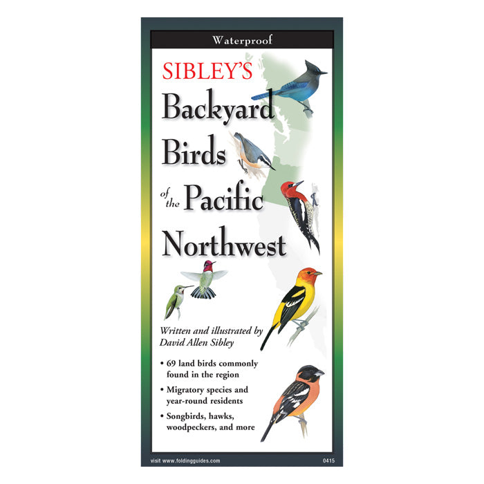 Sibley's Backyard Bird of the Pacific Northwest Folding Guide, featuring a close-up illustration of a blue bird with a long tail, highlighting common and exotic bird species.