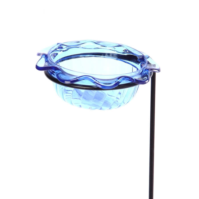 Bluebird Dish Plant Stick with a blue bowl on a black stand, designed for feeding bluebirds. Easy to fill and clean, 3 oz capacity.