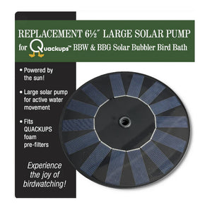 Quackups Replacement Solar Pump, a circular black disk with blue solar panels, fits QUACKUPS Foam Pre-Filters, ideal for bird bath water movement, requires full sunlight.