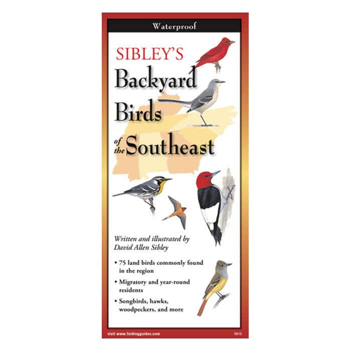 Close-up of the Sibley's Backyard Birds of the Southeast Folding Guide, featuring bird illustrations and text on a compact, fold-out, waterproof format.