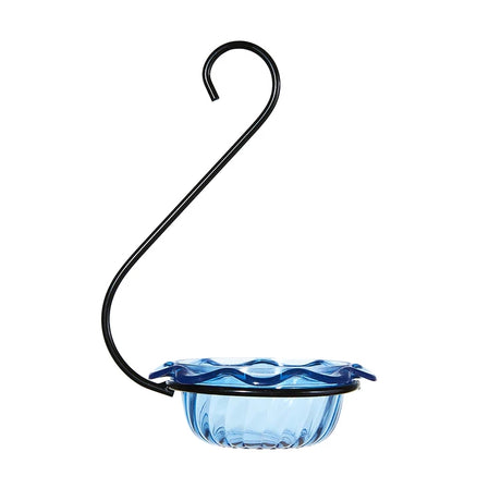 Blue glass bird feeder with black metal hook on a white background