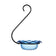 Blue glass bird feeder with black metal hook on a white background
