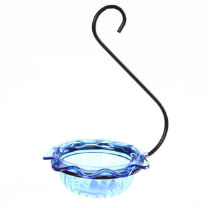 Bluebird Single Cup Feeder with hook; translucent dish in metal holder, ideal for mealworms. Easy-clean, 3 oz capacity, durable black steel hanger.