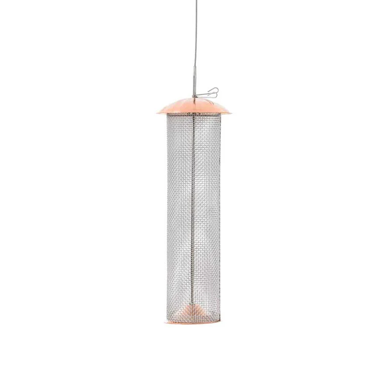 Birds Choice Copper Nyjer® Mesh Feeder with stainless steel mesh, copper top and bottom, hanging cable, and center seed diverter. Holds 1-1/2 lbs. of Nyjer® seed.