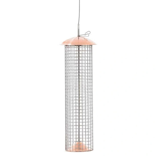 Birds Choice Copper Shelled Peanut Mesh Feeder with stainless steel wire mesh, copper top and bottom, center seed diverter, and hanging cable for easy filling and cleaning.