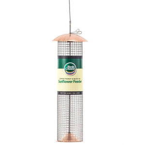 Birds Choice Copper Peanut and Black Oil Sunflower Feeder, featuring a stainless steel wire mesh and hanging cable for easy bird feeding and cleaning.