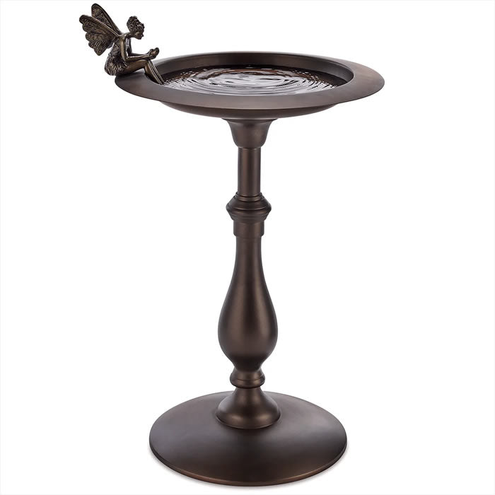 Classic Bronze Pedestal Bird Bath with Fairy, featuring a winged angel statue atop a 2-inch deep brass basin with a decorative lip and sturdy cast aluminum base.