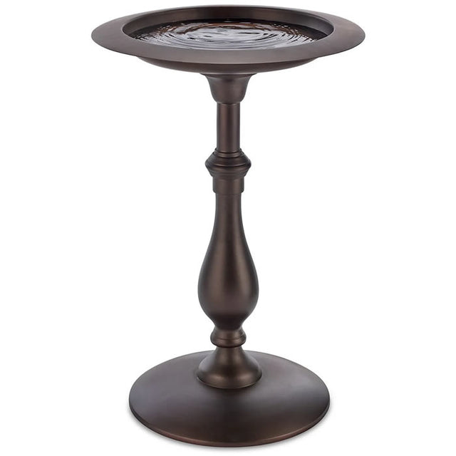 Classic Bronze Pedestal Bird Bath with water-filled basin, featuring a decorative lip for birds to perch, and a sturdy cast aluminum pedestal base.