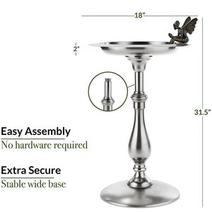 Silver bird bath with fairy design, dimensions, and assembly information on a white background