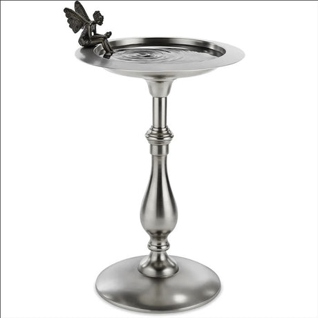 Classic Pewter Pedestal Bird Bath with Fairy featuring a fairy statue seated on the metal basin, designed for bird perching and drinking, with a stable cast aluminum base.