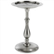 Classic Pewter Pedestal Bird Bath featuring a round metal bowl on a silver pedestal, perfect for birds to perch and drink.