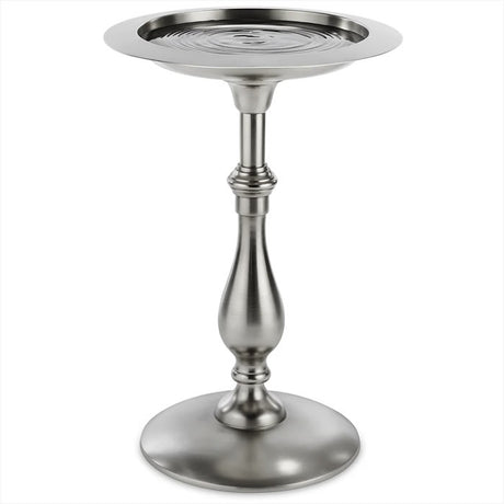 Classic Pewter Pedestal Bird Bath featuring a round metal bowl on a silver pedestal, perfect for birds to perch and drink.