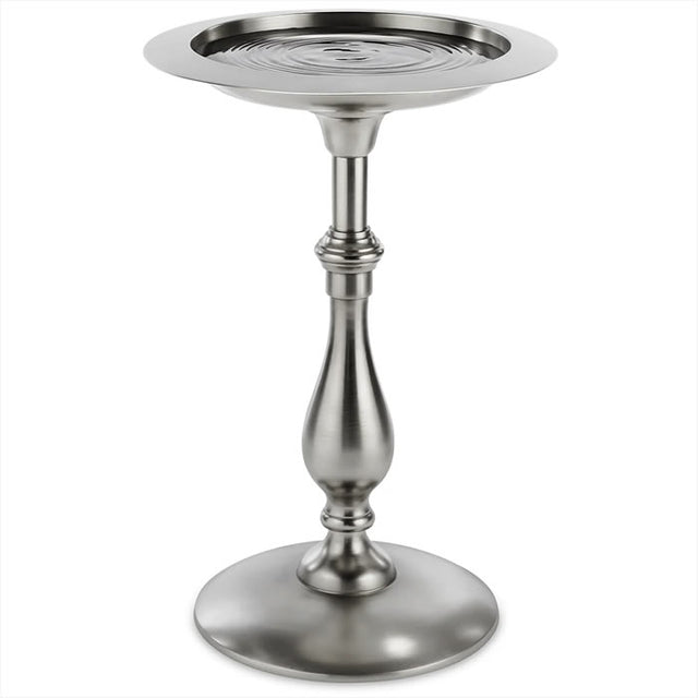 Classic Pewter Pedestal Bird Bath featuring a round metal bowl on a silver pedestal, perfect for birds to perch and drink.