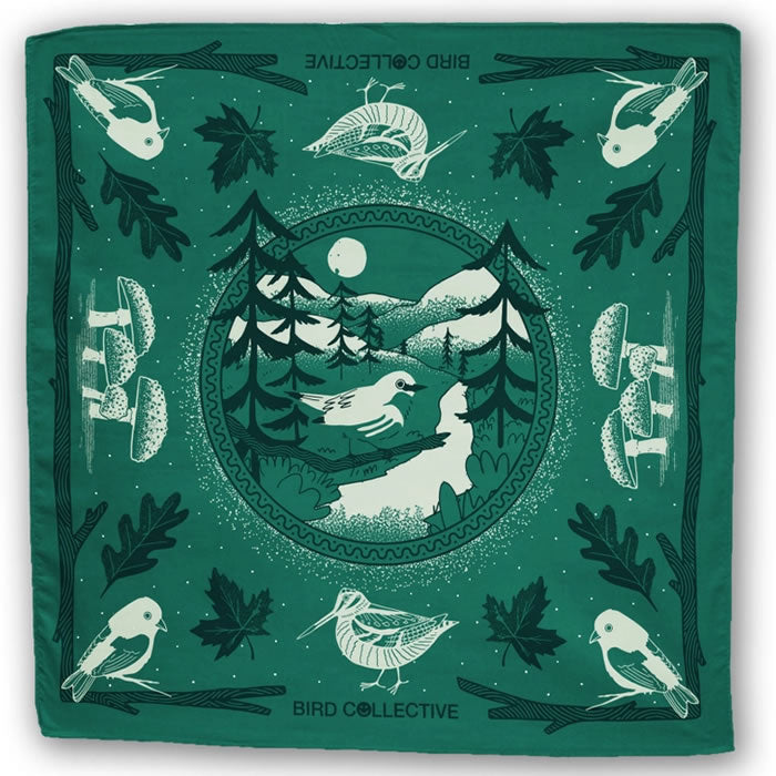 Bird Collective Woodland Bandana featuring birds and trees motif, perfect for nature lovers. Made from soft fabric, ideal for outdoor adventures and birdwatching. 22 x 22 inches.