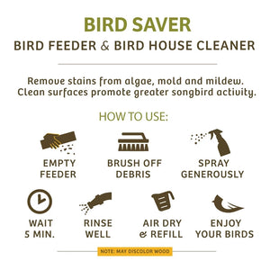 Bird Saver directions: empty, brush off debris, spray, wait five minutes, rinse and air dry. May discolor wood.
