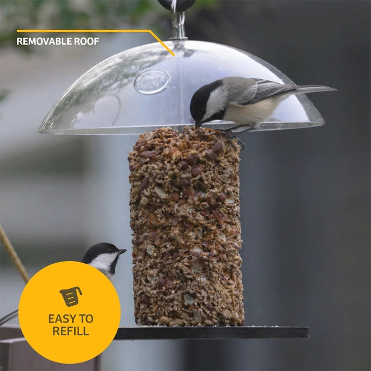 Chickadees feeding on a seed cylinder beneath a clear dome, with removable roof and easy-refill callouts.