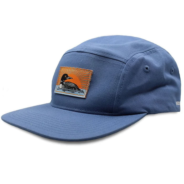 Bird Collective Common Loon Camp Hat featuring a duck patch; adjustable strap, flat bill, ideal for outdoor adventures and bird lovers.