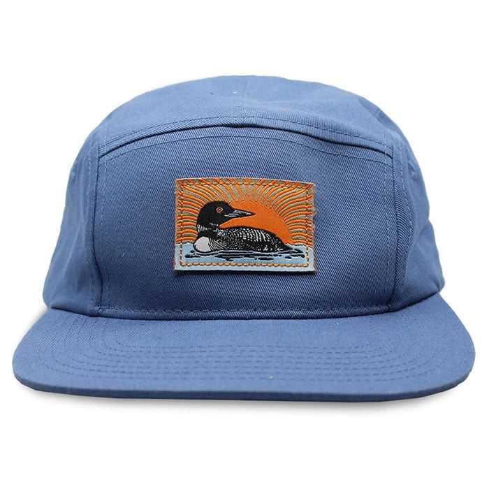 Bird Collective Common Loon Camp Hat featuring a duck patch, flat bill, and adjustable strap, perfect for outdoor enthusiasts and bird lovers.