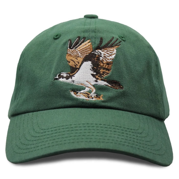 Bird Collective Osprey Hat, Pine, with an embroidered Osprey logo on the front, adjustable fabric strap, and crafted from 100% washed cotton twill.