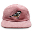 Bird Collective Chickadee Corduroy Hat featuring an embroidered chickadee logo on pink corduroy, unstructured 6-panel crown, flat bill, adjustable strap with brass clasp.