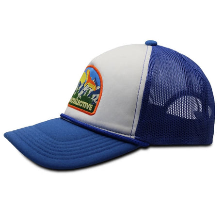 HawkWatch Trucker Hat, Blue Jay: Structured hat with white front panel, blue mesh back, adjustable snapback, and mountain ridge patch featuring a Turkey Vulture.