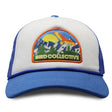 HawkWatch Trucker Hat, Blue Jay, featuring a white front panel with a mountain ridge and Turkey Vulture logo, and a breathable blue mesh back.