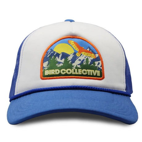 HawkWatch Trucker Hat, Blue Jay, featuring a white front panel with a mountain ridge and Turkey Vulture logo, and a breathable blue mesh back.