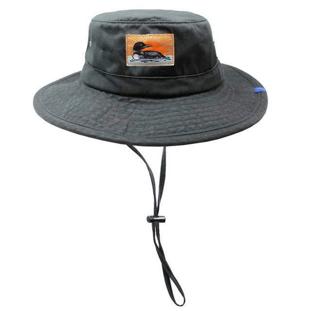 Bird Collective Loon Boonie Hat, Dark Green, featuring a loon patch, wide brim for sun protection, and adjustable chin cord for secure fit during outdoor activities.