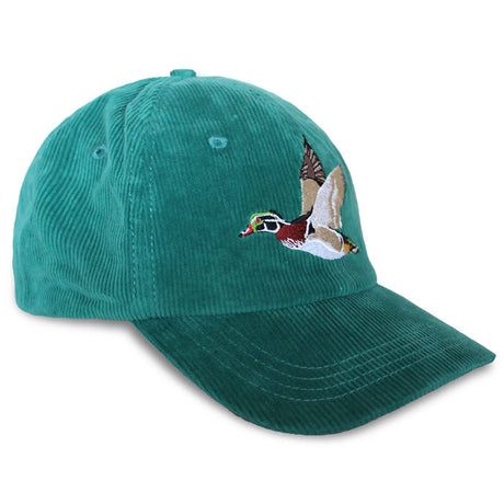 Bird Collective Wood Duck Corduroy Hat, Teal, featuring an embroidered male wood duck mid-flight on the unstructured 6-panel crown with a curved bill and adjustable strap.