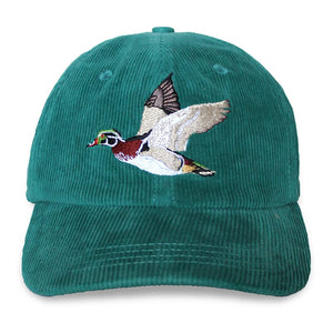 Bird Collective Wood Duck Corduroy Hat, Teal, featuring an embroidered wood duck in flight, unstructured 6-panel crown, and adjustable metal clasp strap.