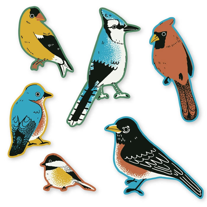 Bird Collective Backyard Birds Jumbo Sticker Pack featuring detailed illustrations of a Blue Jay, Black-capped Chickadee, American Robin, American Goldfinch, and Northern Cardinal.