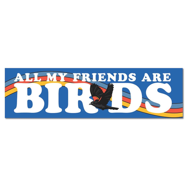 Bird Collective Bird Friends Jumbo Bumper Sticker featuring a black bird illustration on a blue background, perfect for cars, laptops, and more. Weather-resistant and vibrant.