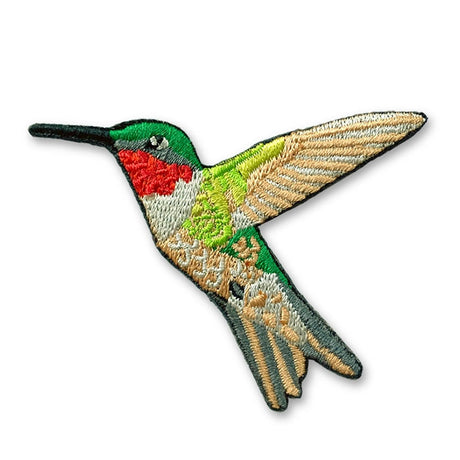 Bird Collective Ruby-Throated Hummingbird Patch: intricately embroidered, detailed feathers and beak, perfect for bags, hats, or jackets. Measures 2.4 x 1.85 inches.