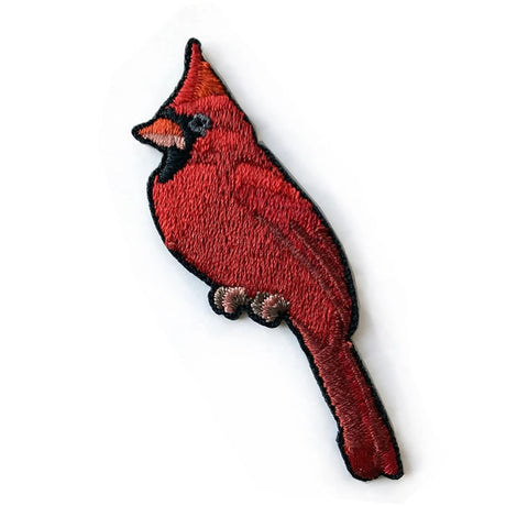 Bird Collective Northern Cardinal Patch: Intricately embroidered red bird patch with iron-on backing, ideal for backpacks, jackets, hats. Measures 2.4 x 1.85 inches.