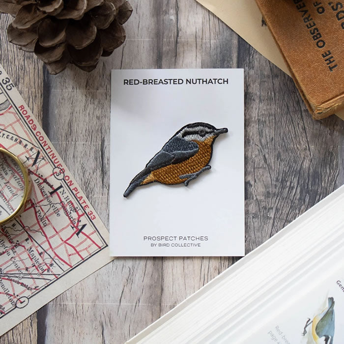 Bird Collective Red-Breasted Nuthatch Patch on a white card with a magnifying glass, showcasing detailed embroidery for bird enthusiasts.